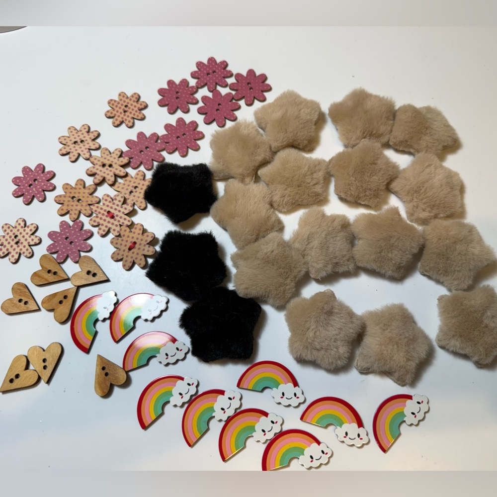 Lot of fuzzy star appliqués, rainbows, flower buttons and heart buttons